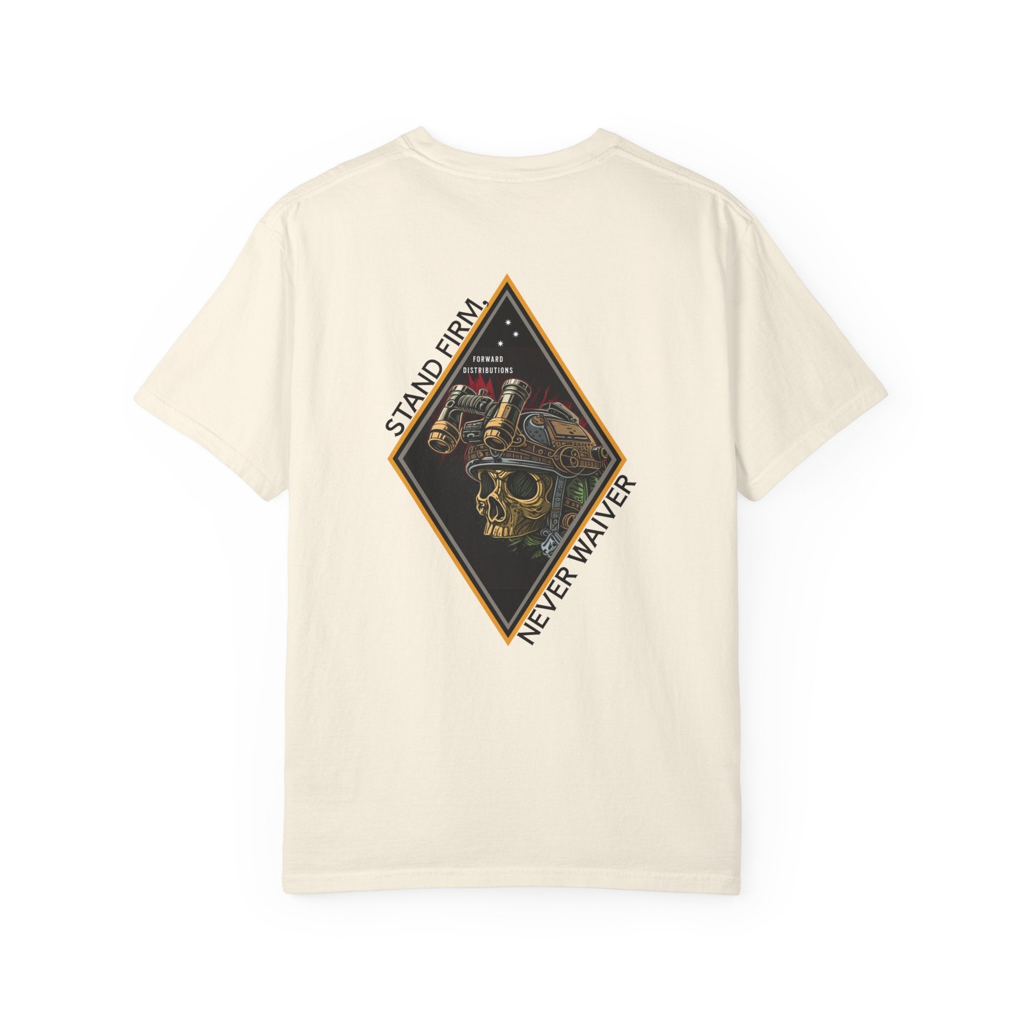 Ivory t-shirt with a Skull graphic design and text on the back.