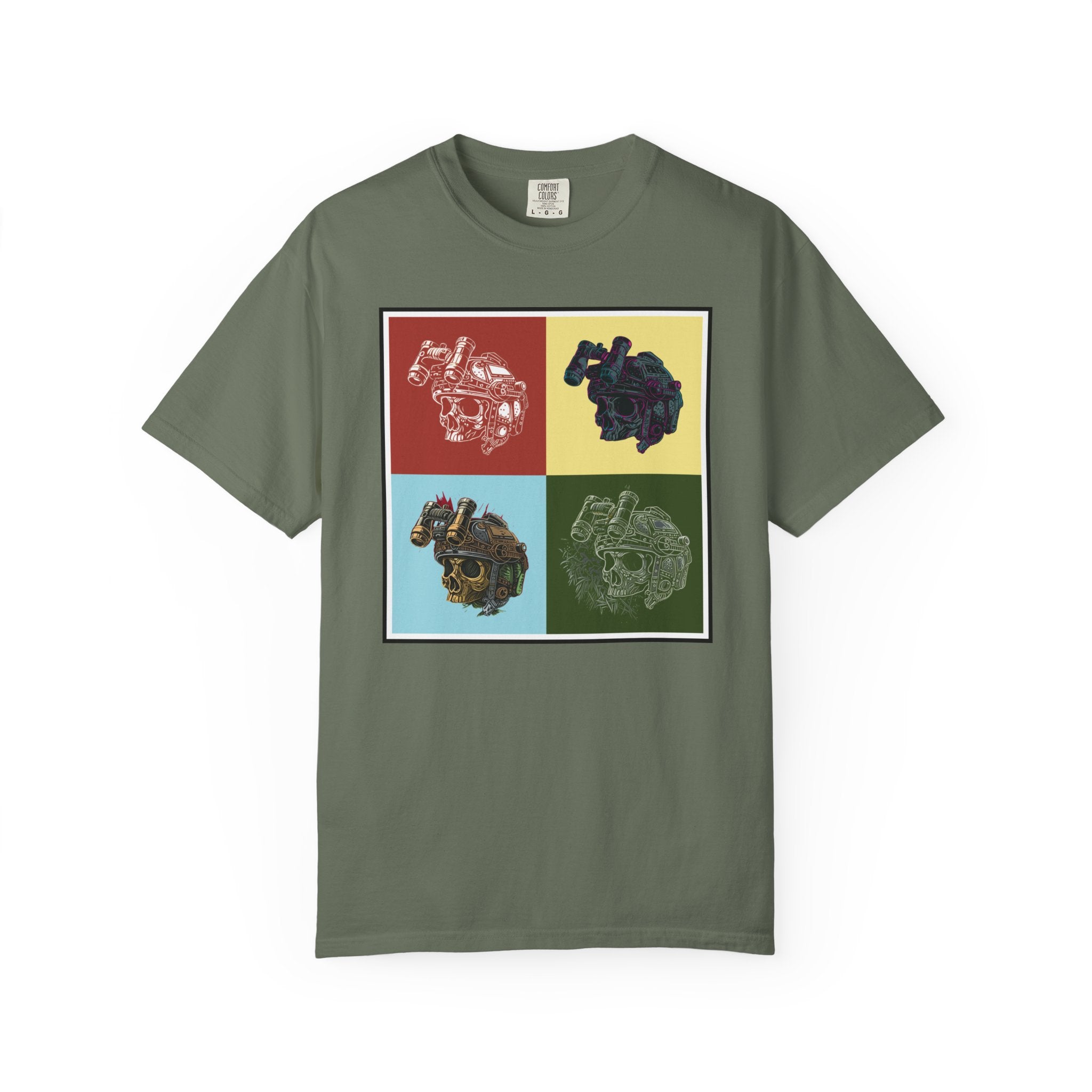 Moss Pop ART t-shirt with four colorful pop art style mechanical skull designs on front.