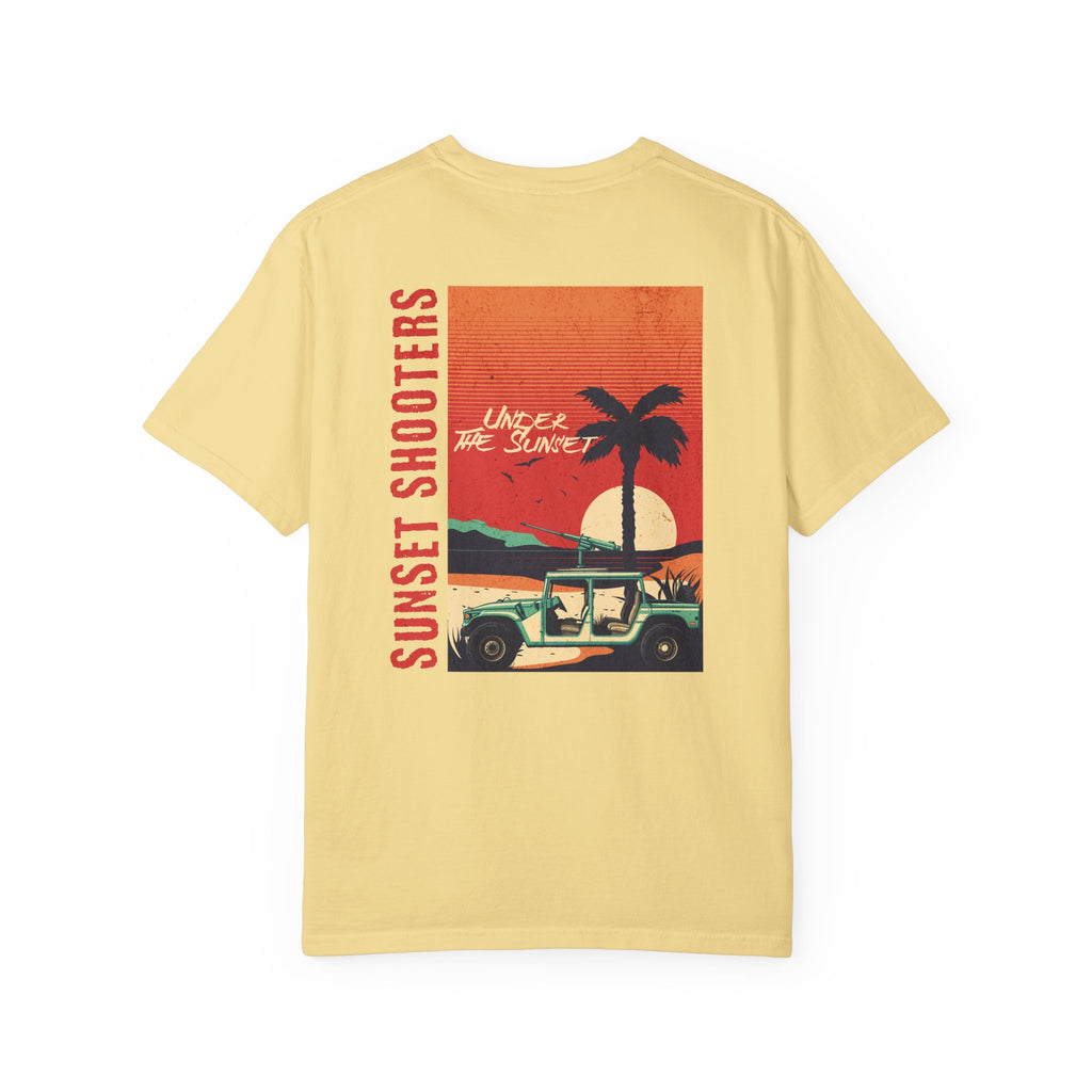 Butter Yellow t-shirt with a graphic design of a sunset, palm tree, and jeep.
