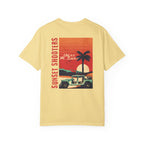 Butter Yellow t-shirt with a graphic design of a sunset, palm tree, and jeep.