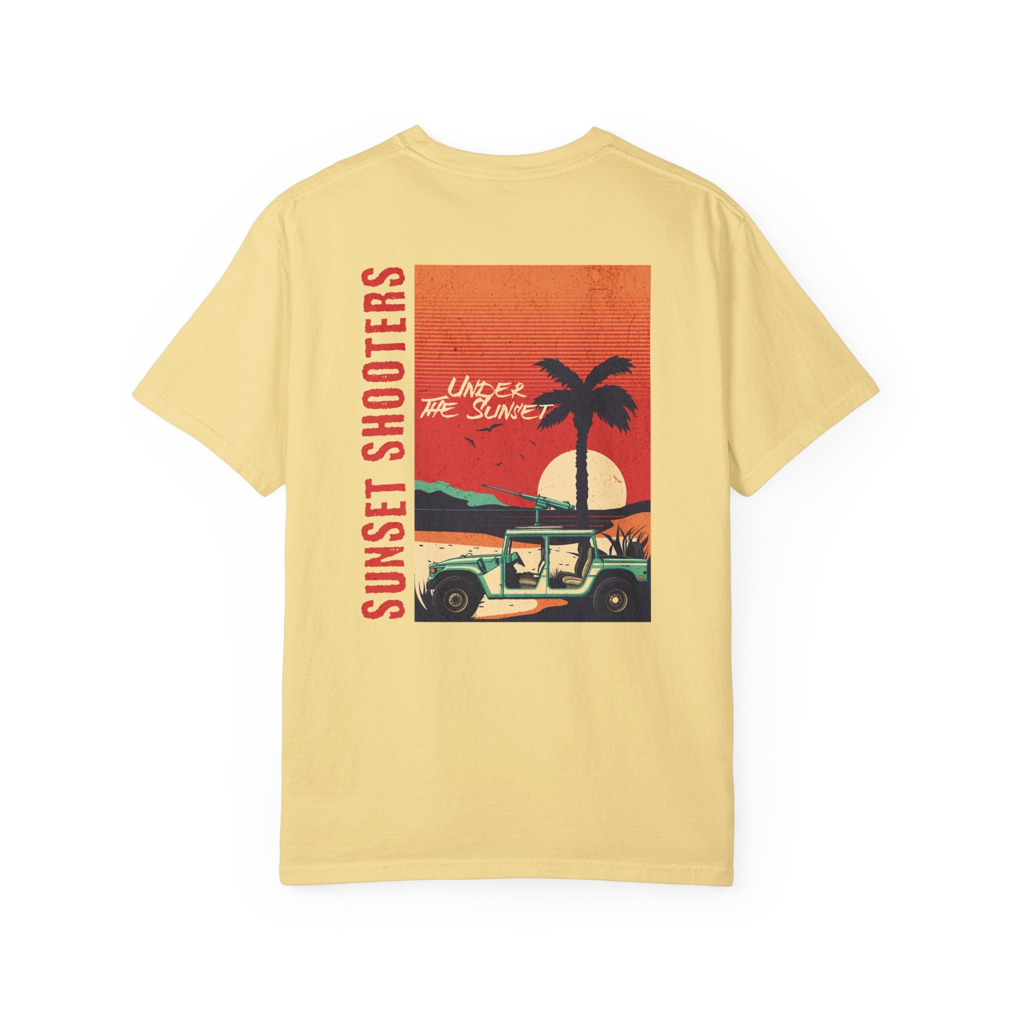 Butter Yellow t-shirt with a graphic design of a sunset, palm tree, and jeep.