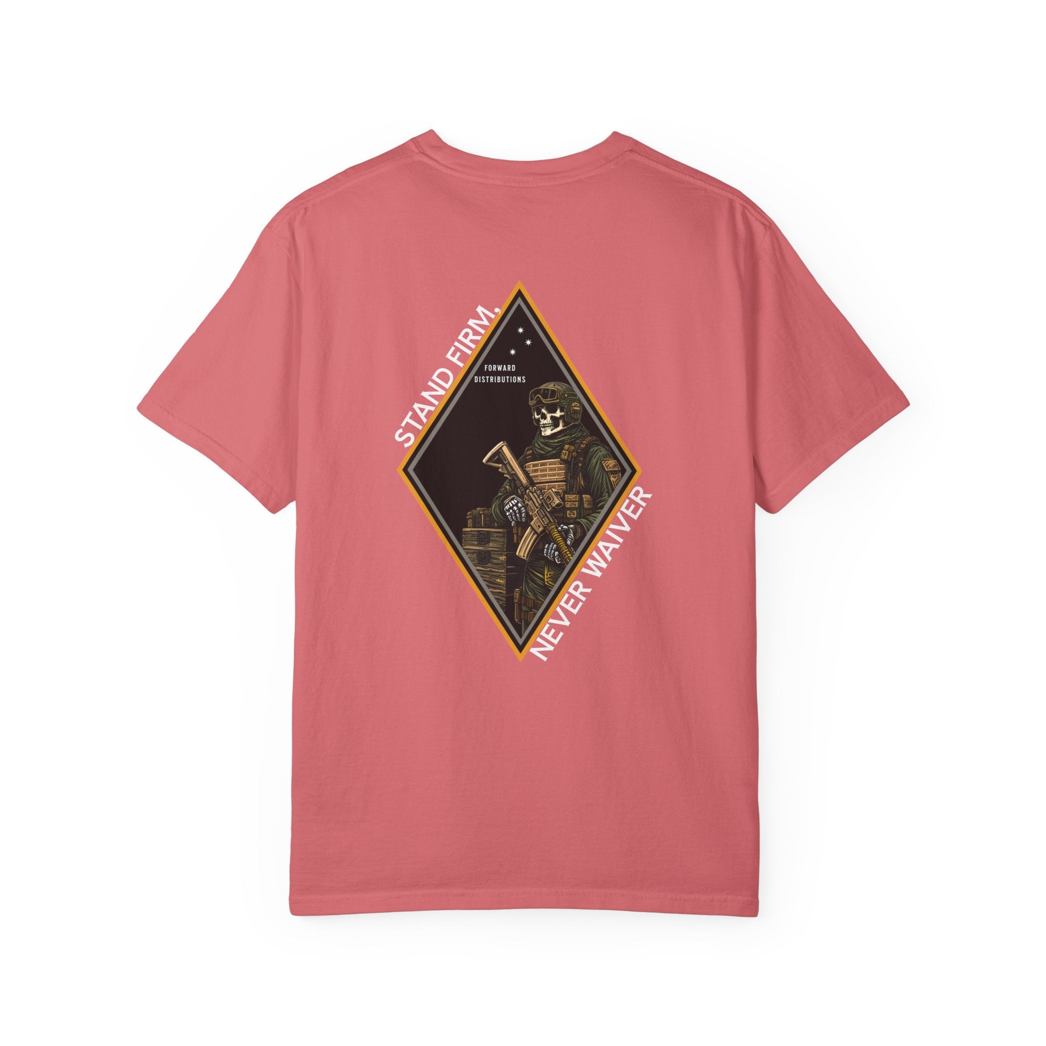 Watermelon t-shirt with Skeleton graphic design on a Diamond shaped graphic with Sand Firm Never Waiver text. 