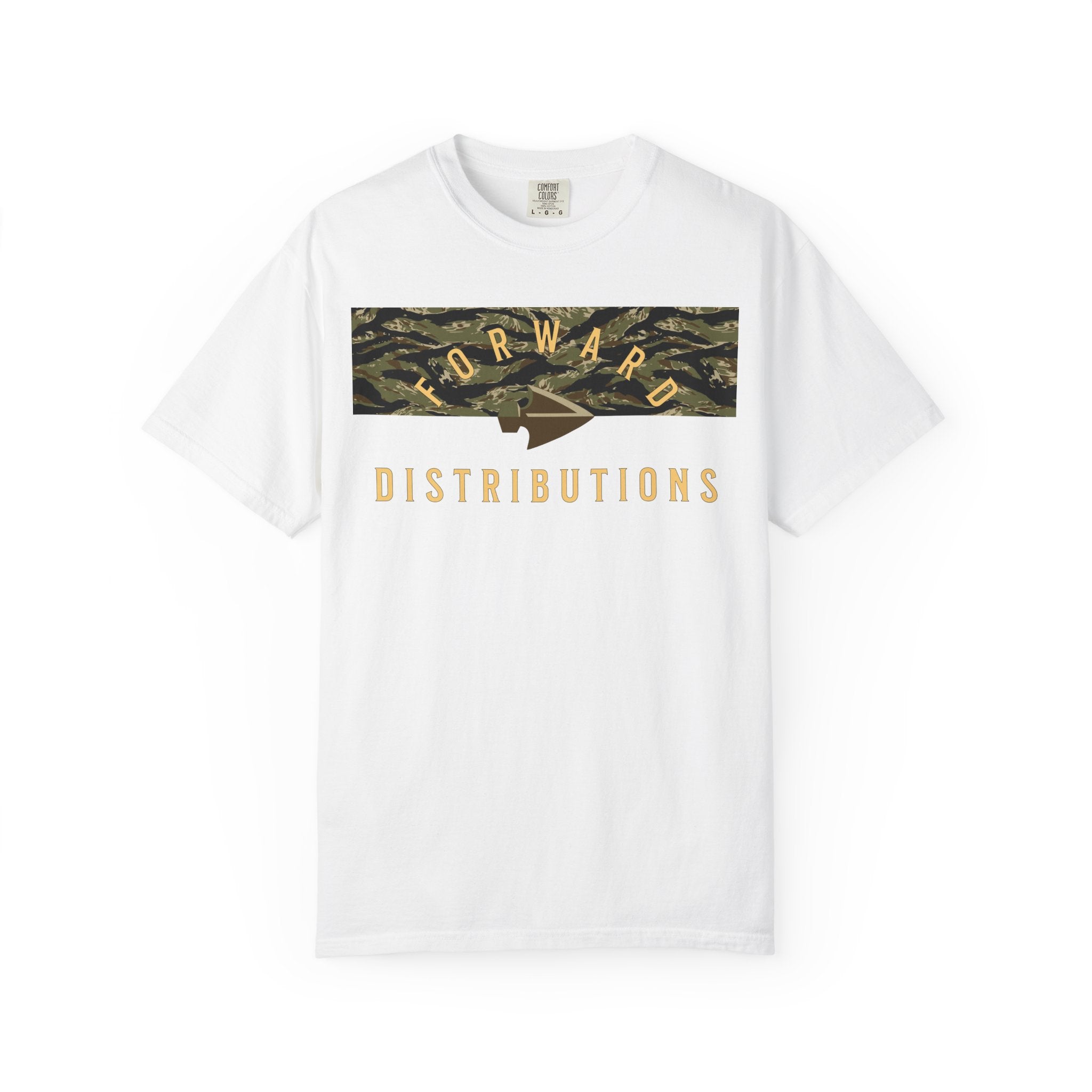 White Forward Distributions Logo T-Shirt with Tiger Stripe Split Camo Block