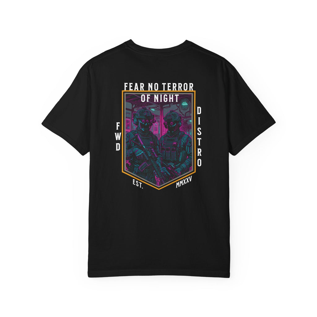 Black t-shirt with a neon-colored graphic featuring a framed image of two soldiers in tactical gear with rifles and night vision goggles, with text "FEAR NO TERROR OF NIGHT" at the top of the design, giving the art a futuristic, synthwave aesthetic.