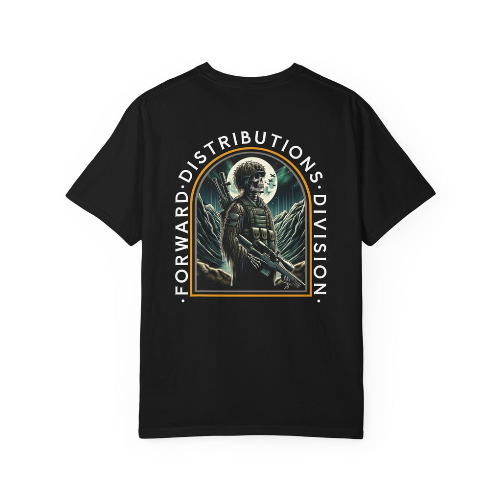 Black heavyweight cotton T-shirt with graphic of soldier holding rifle under full moon and text Forward Distributions Division.