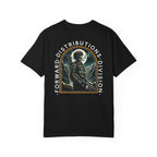 Black heavyweight cotton T-shirt with graphic of soldier holding rifle under full moon and text Forward Distributions Division.