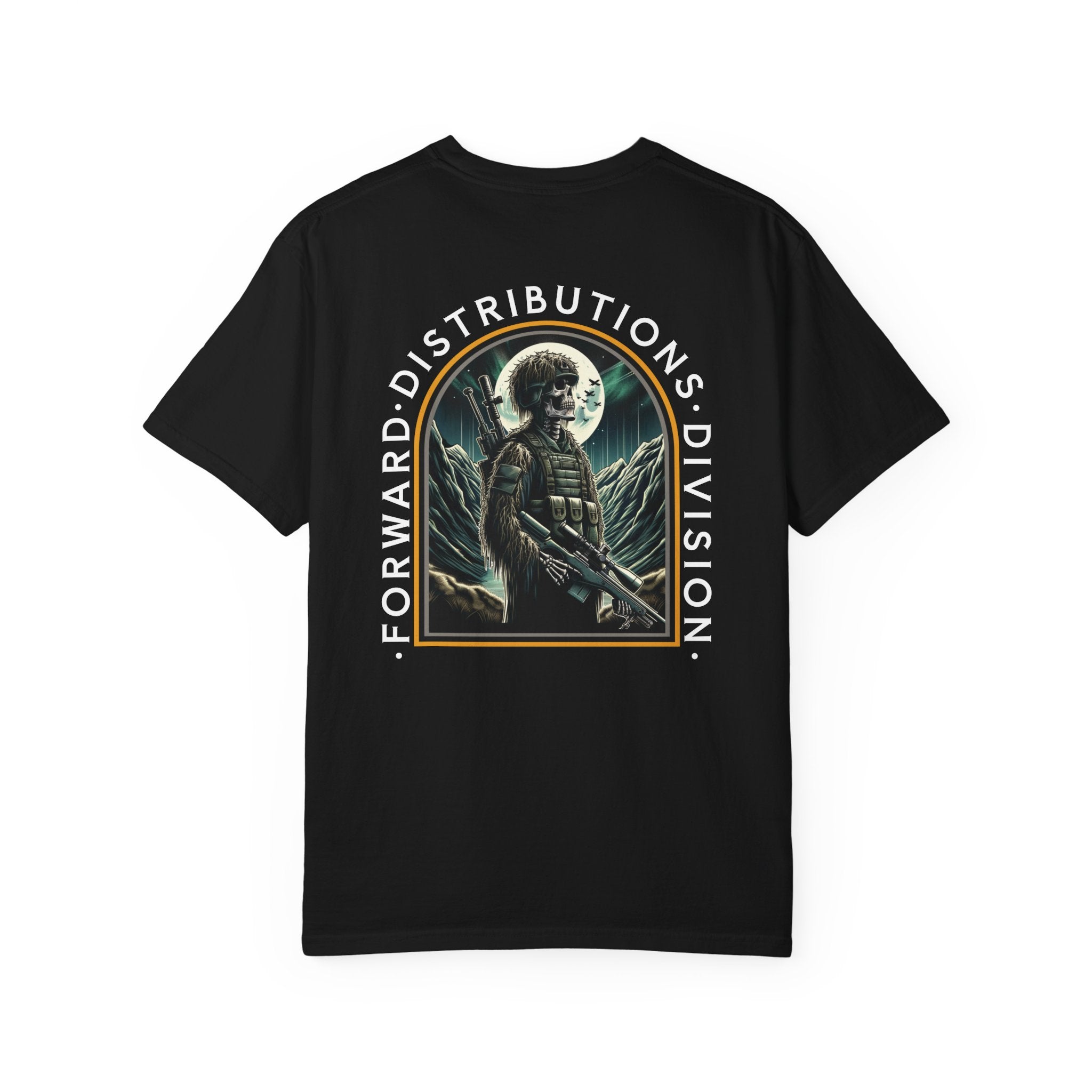 Black heavyweight cotton T-shirt with graphic of soldier holding rifle under full moon and text Forward Distributions Division.