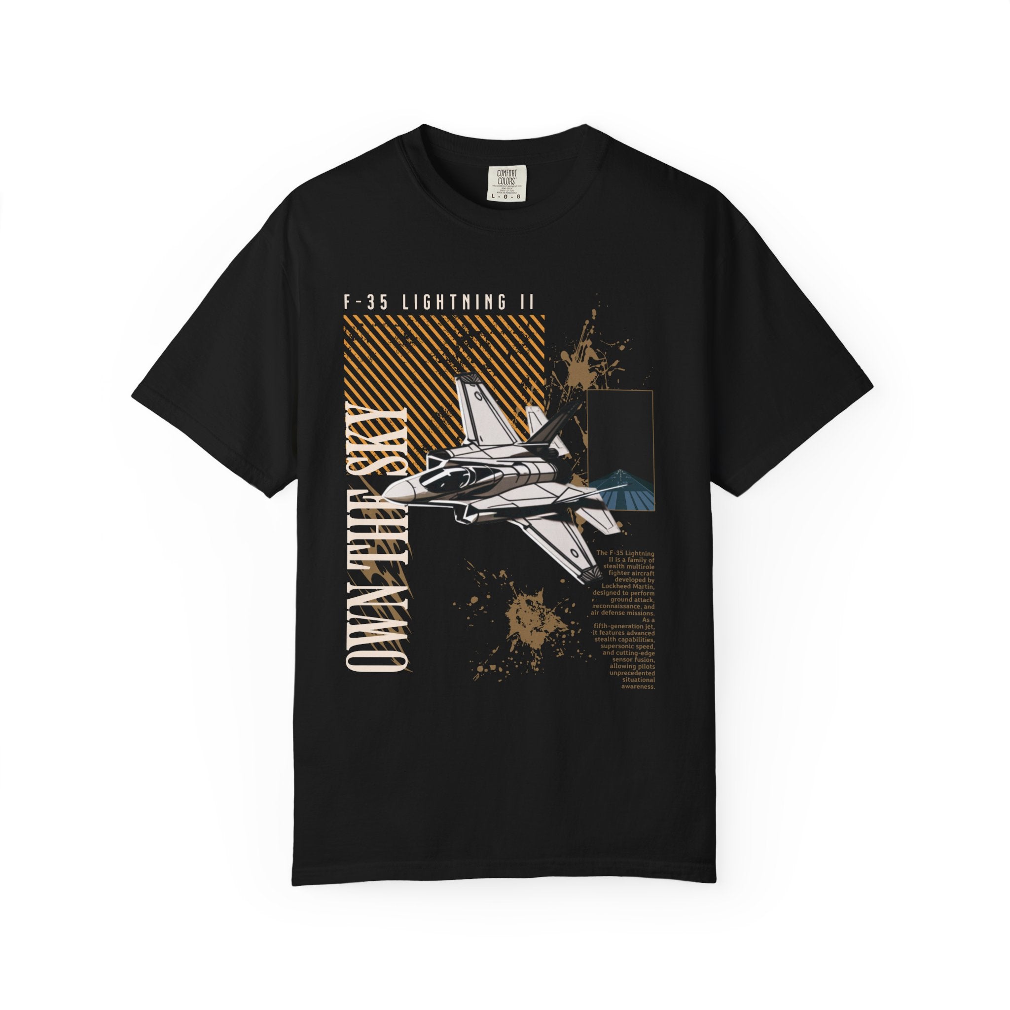 Black t-shirt featuring a graphic of an F-35 Lightning II jet with text and abstract design elements.