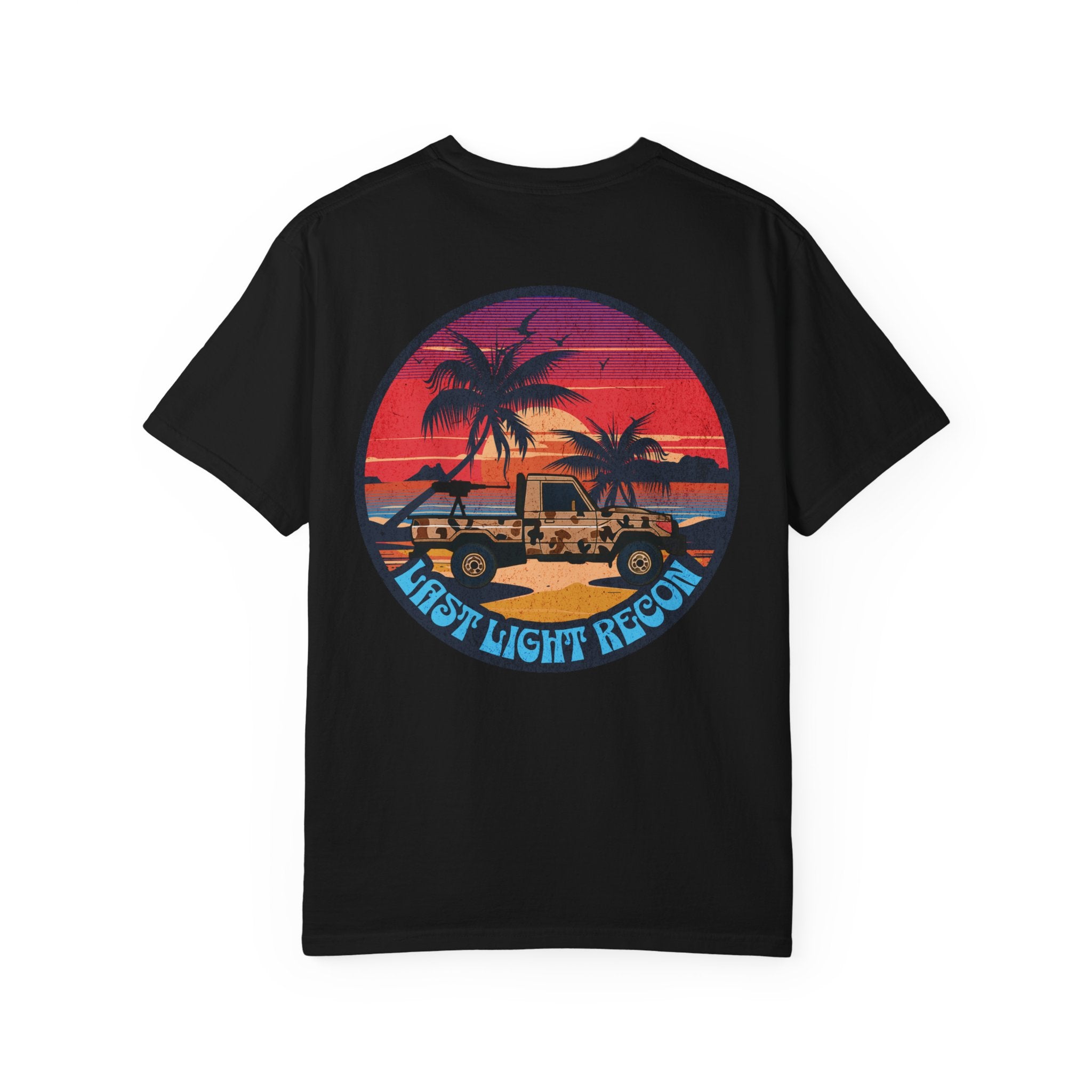 Black t-shirt with a sunset beach graphic featuring palm trees, a jeep, and "Last Light Recon" text on the back.
