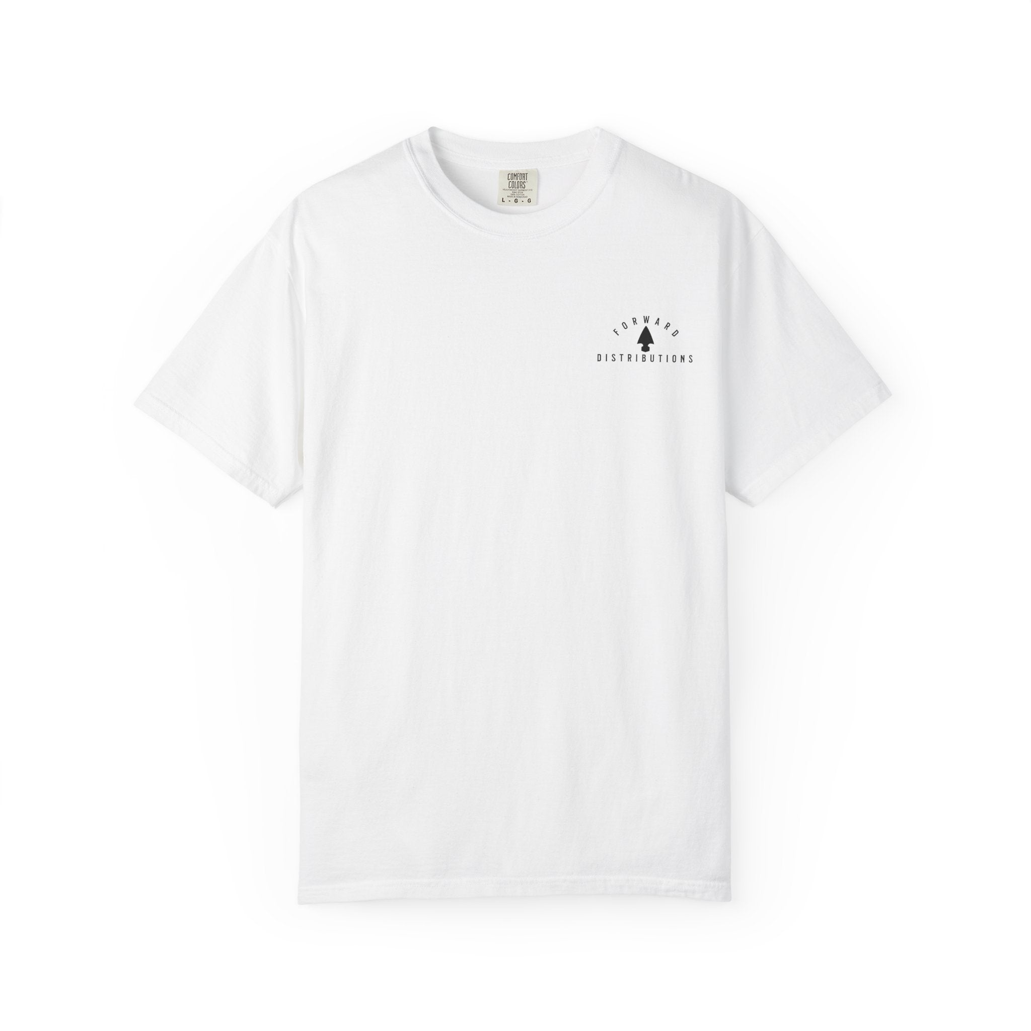 White t-shirt with a Forward Distributions logo.