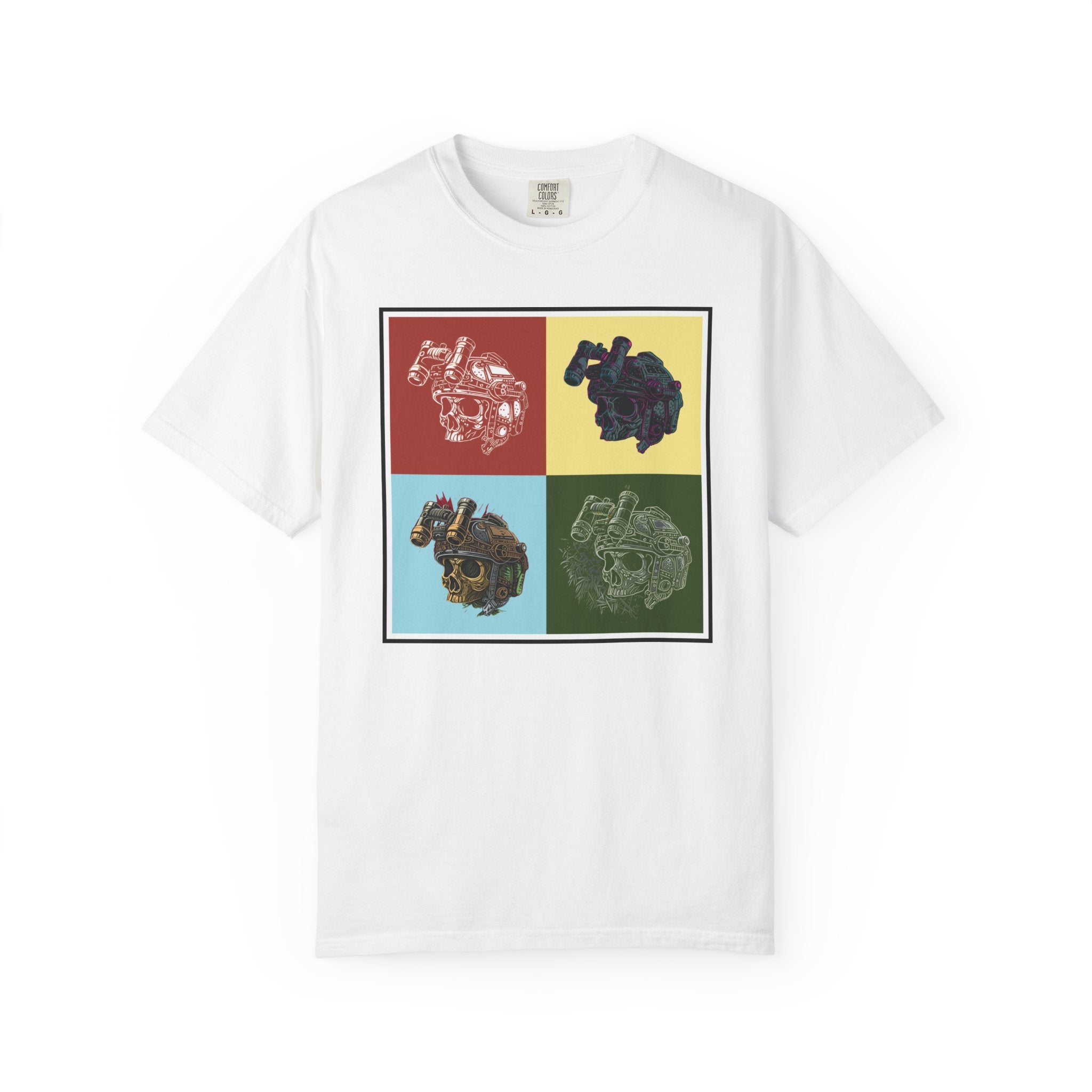 White Pop ART t-shirt with four colorful pop art style mechanical skull designs on front.