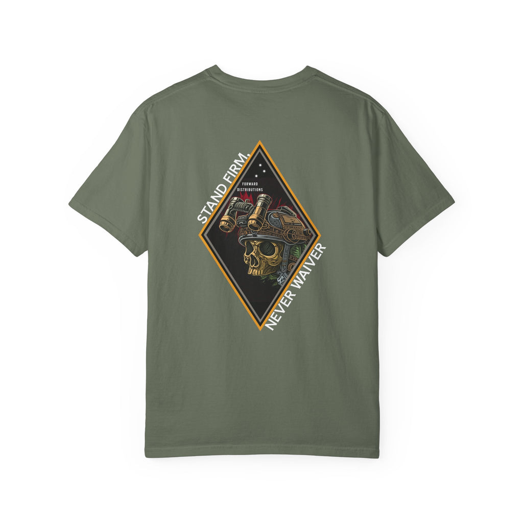 Moss t-shirt with a Skull graphic design and text on the back.
