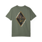 Moss t-shirt with a Skull graphic design and text on the back.