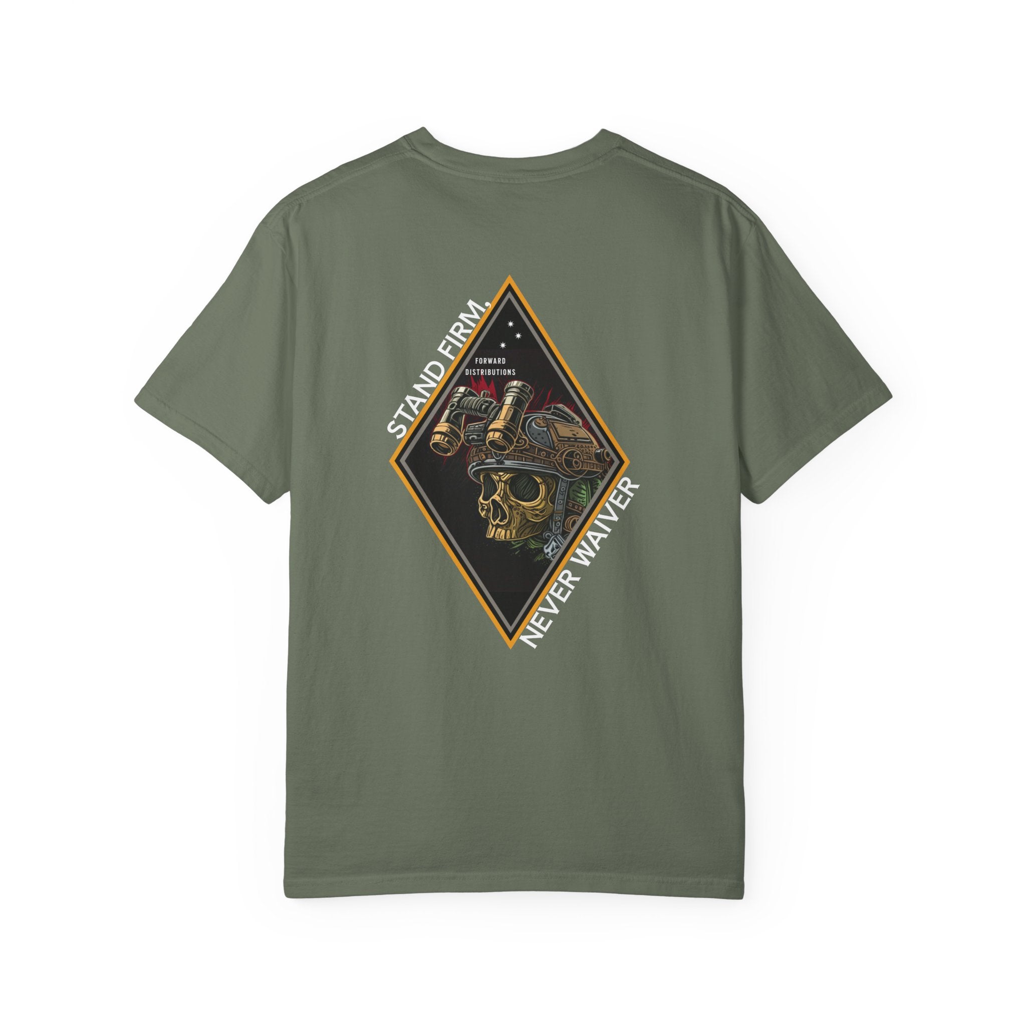 Moss t-shirt with a Skull graphic design and text on the back.