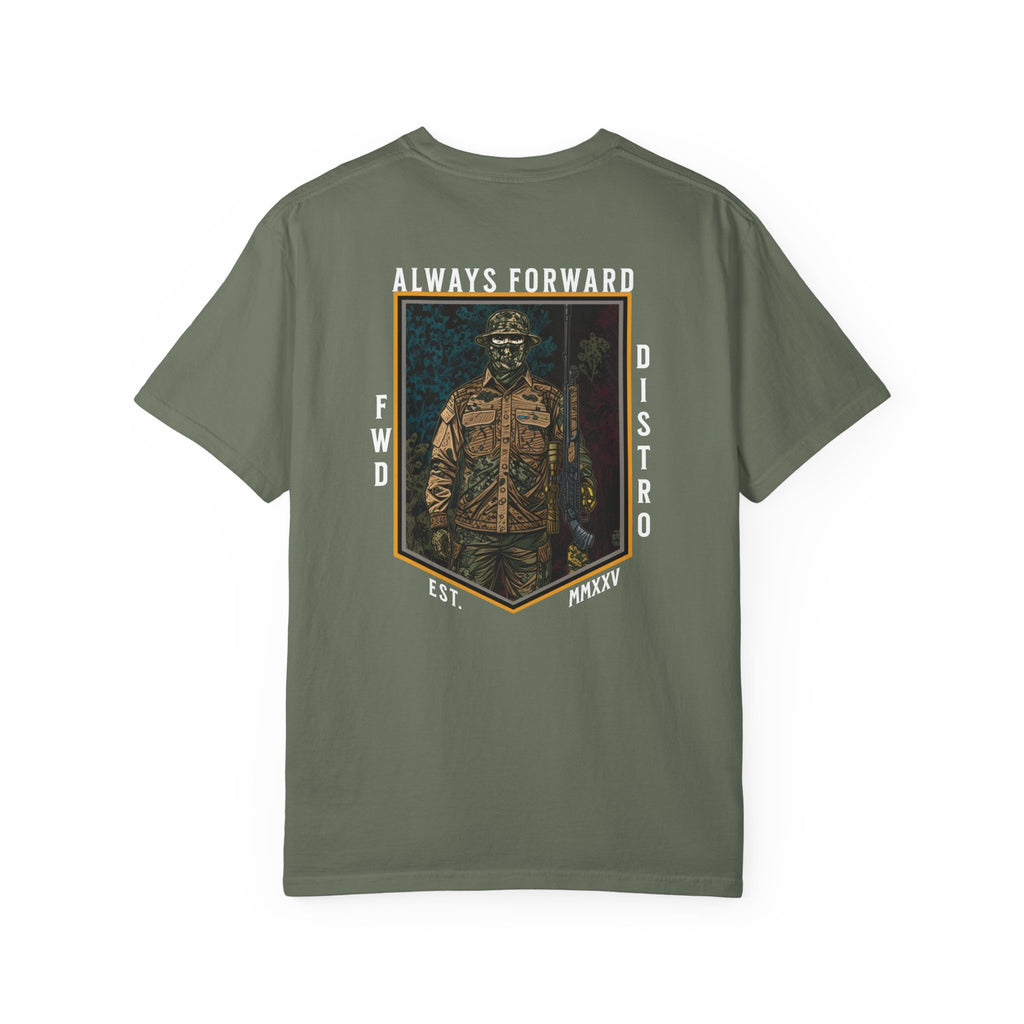 Moss t-shirt with "Always Forward" graphic of a soldier in tactical gear on the back, relaxed fit, heavyweight cotton.