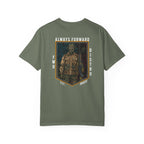 Moss t-shirt with "Always Forward" graphic of a soldier in tactical gear on the back, relaxed fit, heavyweight cotton.