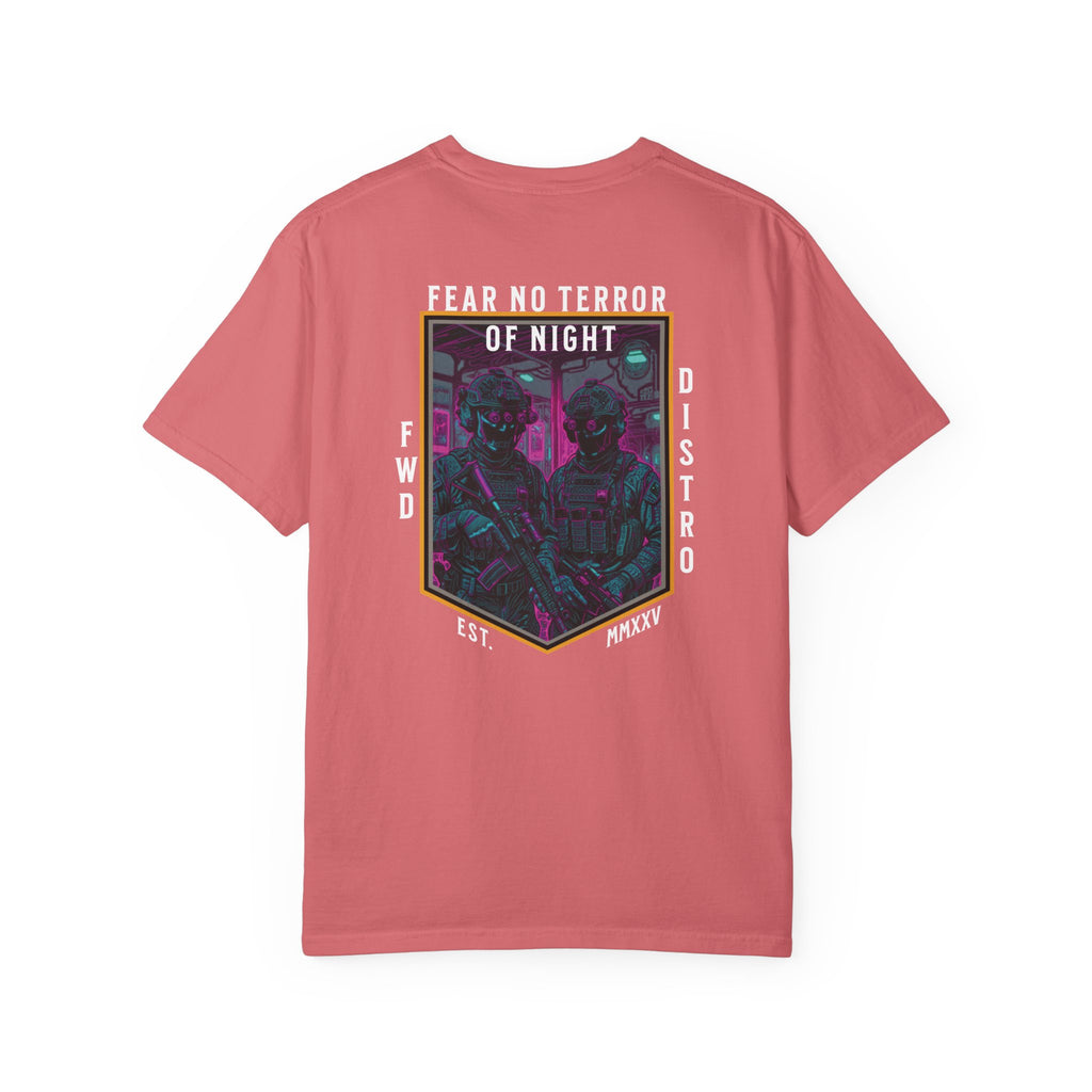 Watermelon t-shirt with a neon-colored graphic featuring a framed image of two soldiers in tactical gear with rifles and night vision goggles, with text "FEAR NO TERROR OF NIGHT" at the top of the design, giving the art a futuristic, synthwave aesthetic.