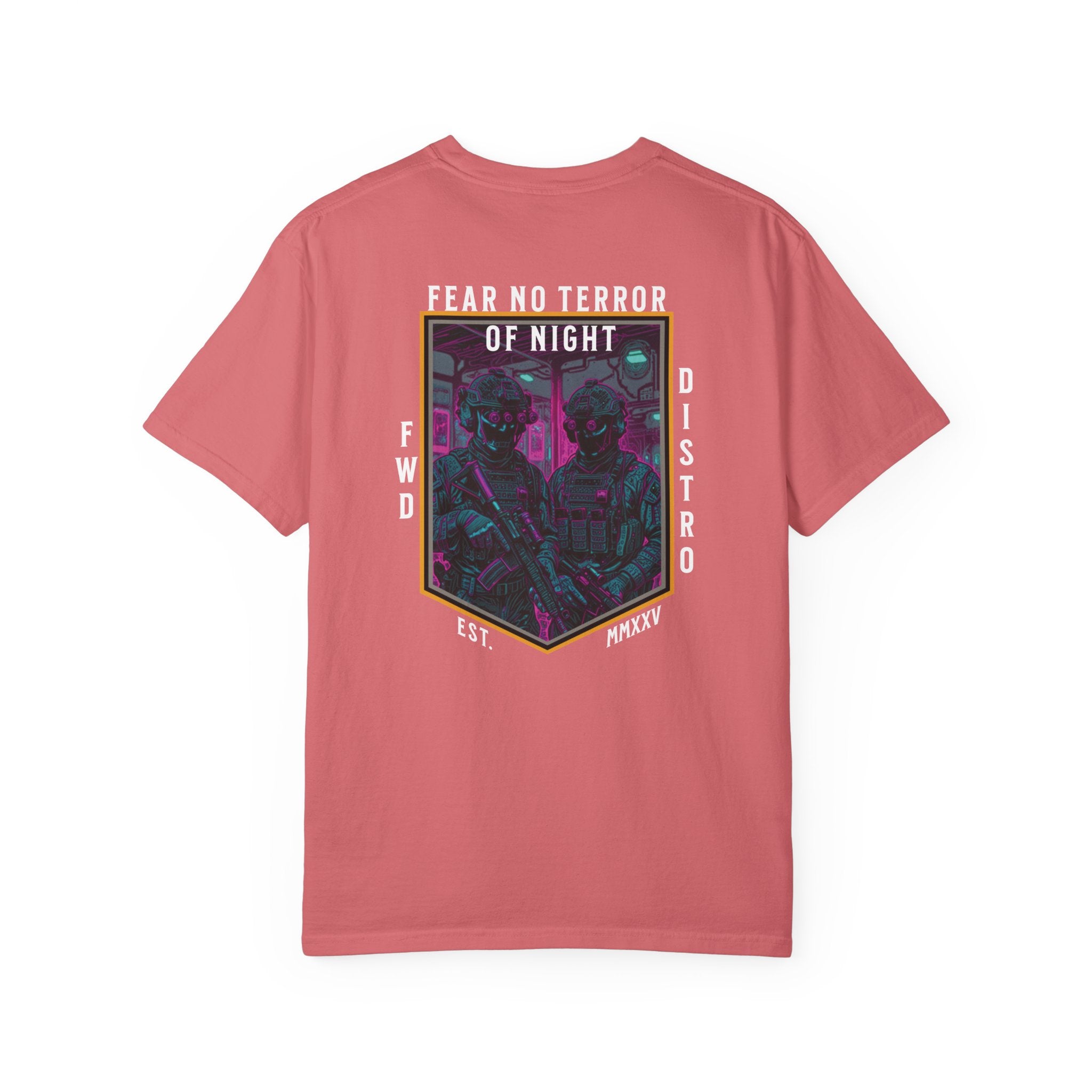 Watermelon t-shirt with a neon-colored graphic featuring a framed image of two soldiers in tactical gear with rifles and night vision goggles, with text "FEAR NO TERROR OF NIGHT" at the top of the design, giving the art a futuristic, synthwave aesthetic.