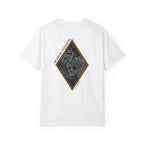 White heavyweight cotton t-shirt with a skull graphic framed by a diamond shape on the back.
