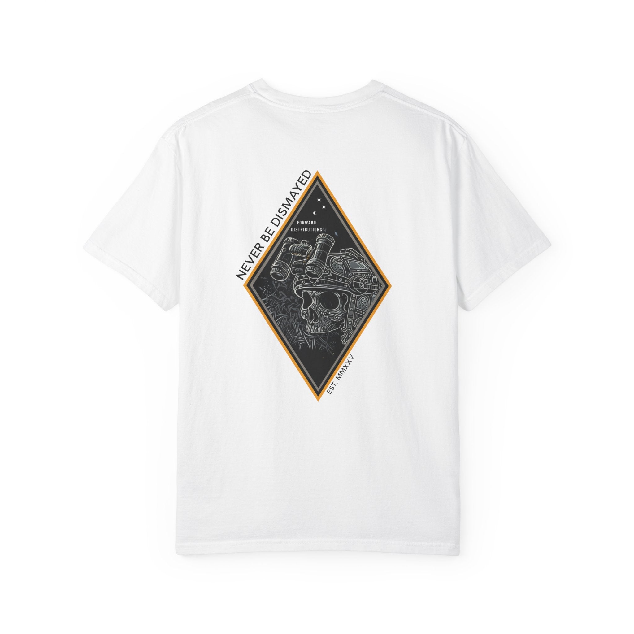 White heavyweight cotton t-shirt with a skull graphic framed by a diamond shape on the back.
