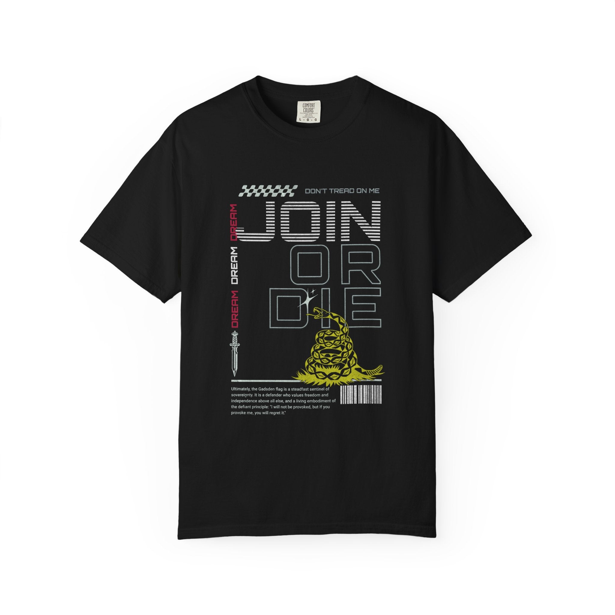 Black heavyweight cotton t-shirt with "JOIN OR DIE" text and Gadsden snake graphic design on front