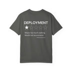 Pepper heavyweight cotton t-shirt with a humorous deployment review and one-star rating printed on the back.