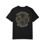 Black heavyweight cotton t-shirt with a vintage Brothers in Arms soldier graphic and circular text design on the back.