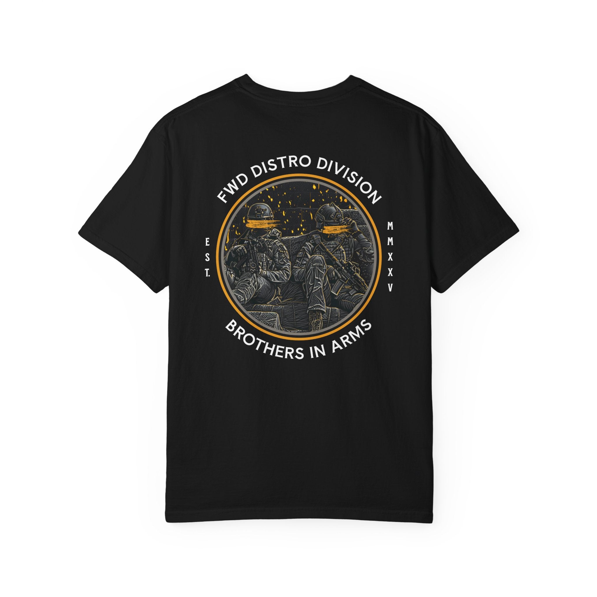 Black heavyweight cotton t-shirt with a vintage Brothers in Arms soldier graphic and circular text design on the back.