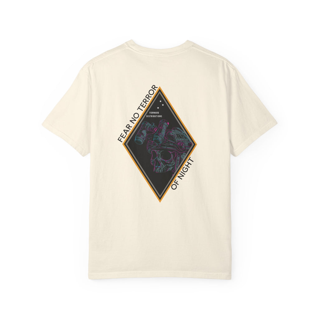 Ivory heavyweight cotton t-shirt with Fear No Terror of Night graphic featuring skull and night vision goggles design.