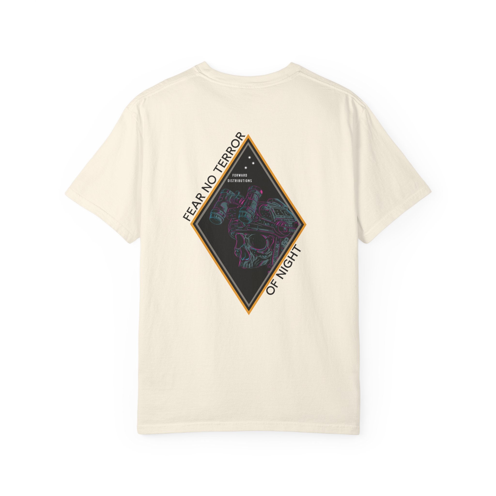 Ivory heavyweight cotton t-shirt with Fear No Terror of Night graphic featuring skull and night vision goggles design.
