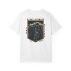 White heavyweight cotton t-shirt with detailed graphic of soldier shooting over bunker and text Always Forward.