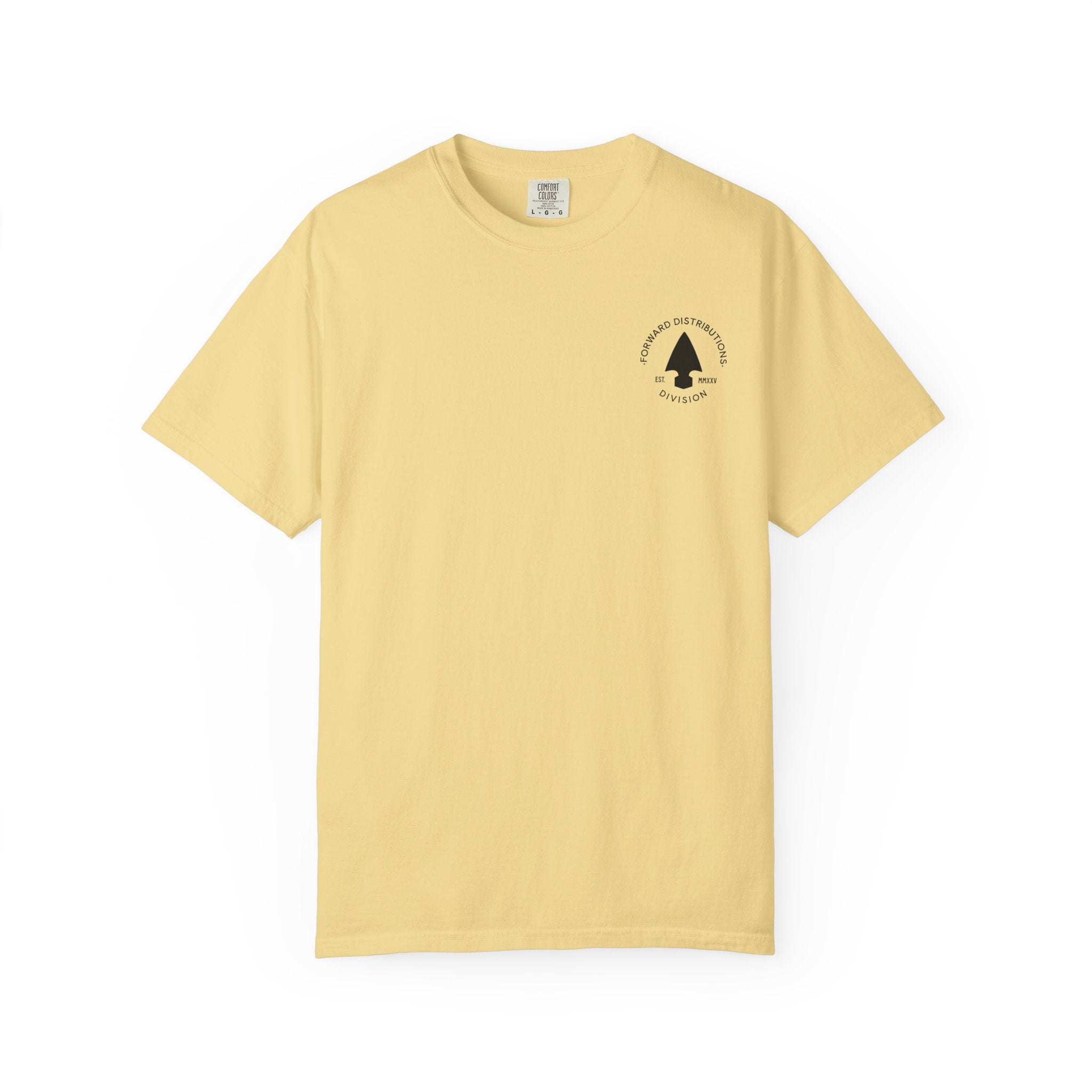 Butter t-shirt with a Forward Distributions Division badge logo.