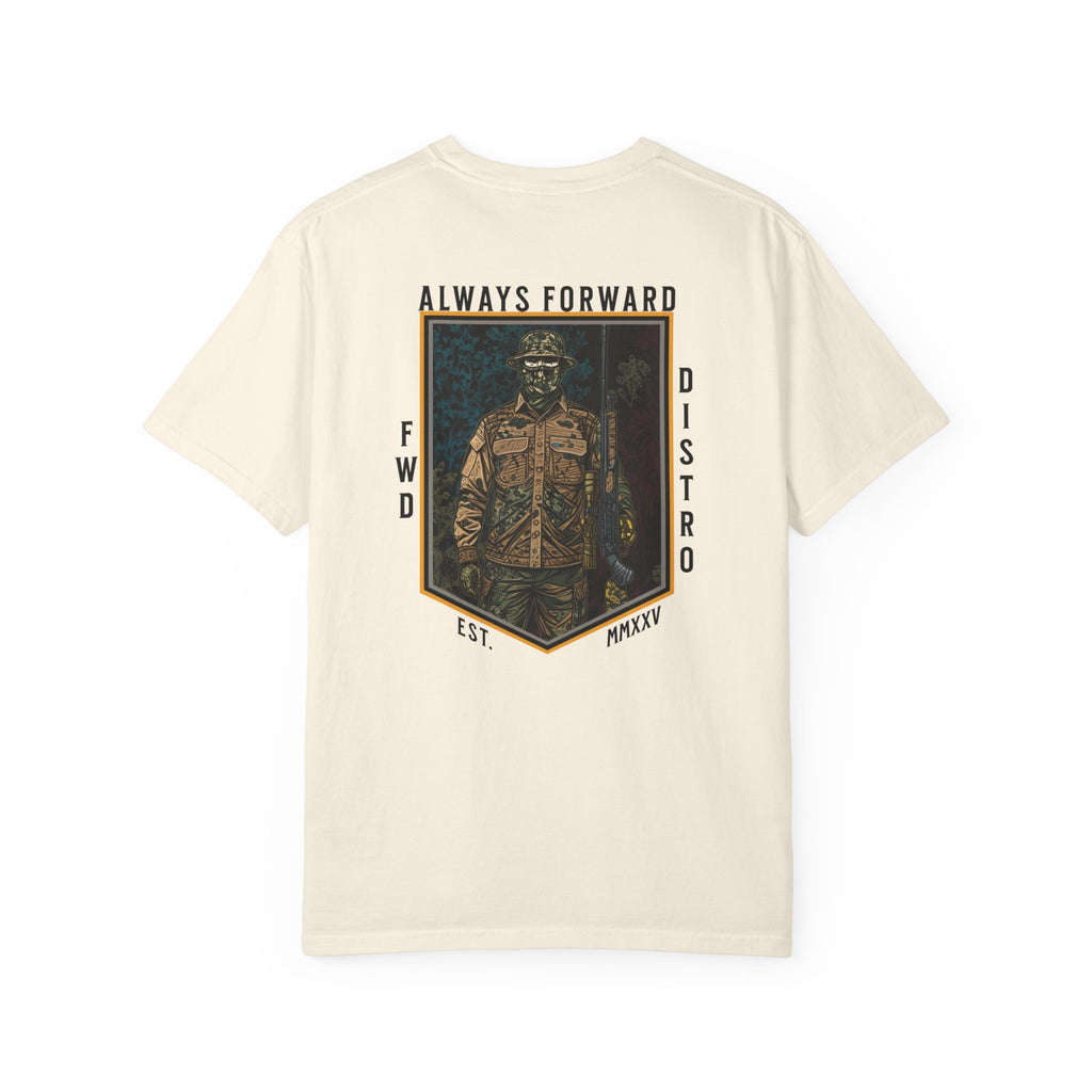 Ivory t-shirt with "Always Forward" graphic of a soldier in tactical gear on the back, relaxed fit, heavyweight cotton.