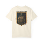 Ivory t-shirt with "Always Forward" graphic of a soldier in tactical gear on the back, relaxed fit, heavyweight cotton.