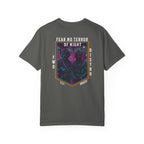 Pepper t-shirt with a neon-colored graphic featuring a framed image of two soldiers in tactical gear with rifles and night vision goggles, with text "FEAR NO TERROR OF NIGHT" at the top of the design, giving the art a futuristic, synthwave aesthetic.