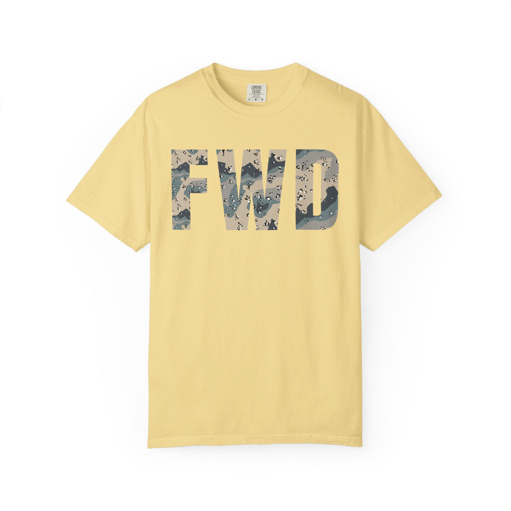 Butter heavyweight cotton t-shirt with FWD text in polar choc chip camo pattern, relaxed fit, rib collar, and durable stitching.