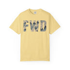 Butter heavyweight cotton t-shirt with FWD text in polar choc chip camo pattern, relaxed fit, rib collar, and durable stitching.