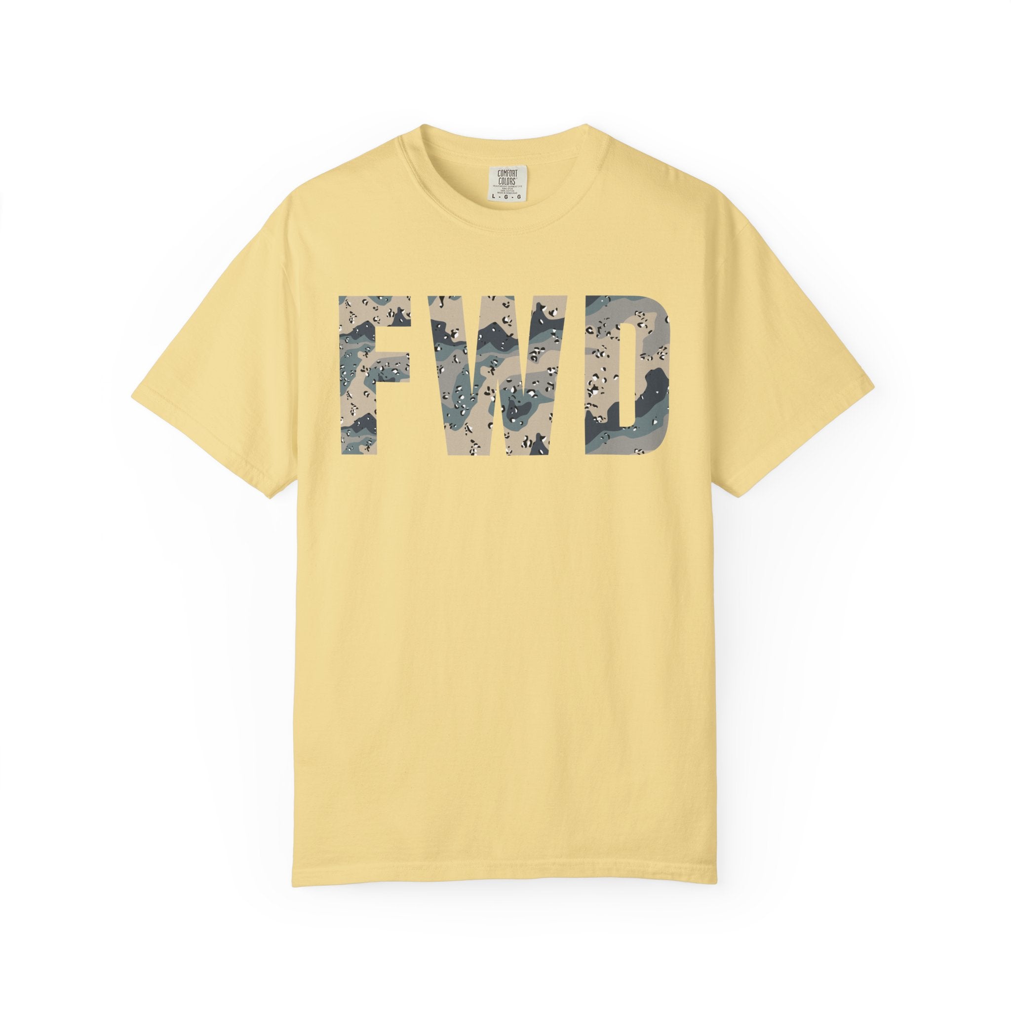 Butter heavyweight cotton t-shirt with FWD text in polar choc chip camo pattern, relaxed fit, rib collar, and durable stitching.