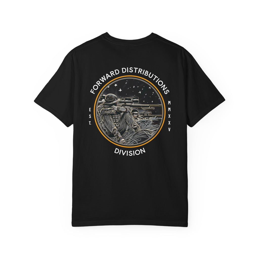 Black FDD Circle III t-shirt with soldier sniper graphic and Forward Distributions Division text on back