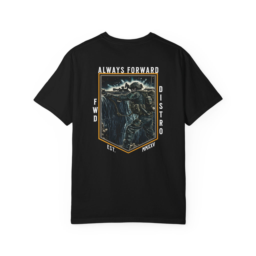 Black heavyweight cotton t-shirt with detailed graphic of soldier shooting over bunker and text Always Forward.