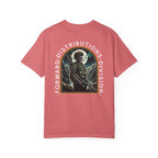 Watermelon heavyweight cotton T-shirt with graphic of soldier holding rifle under full moon and text Forward Distributions Division.