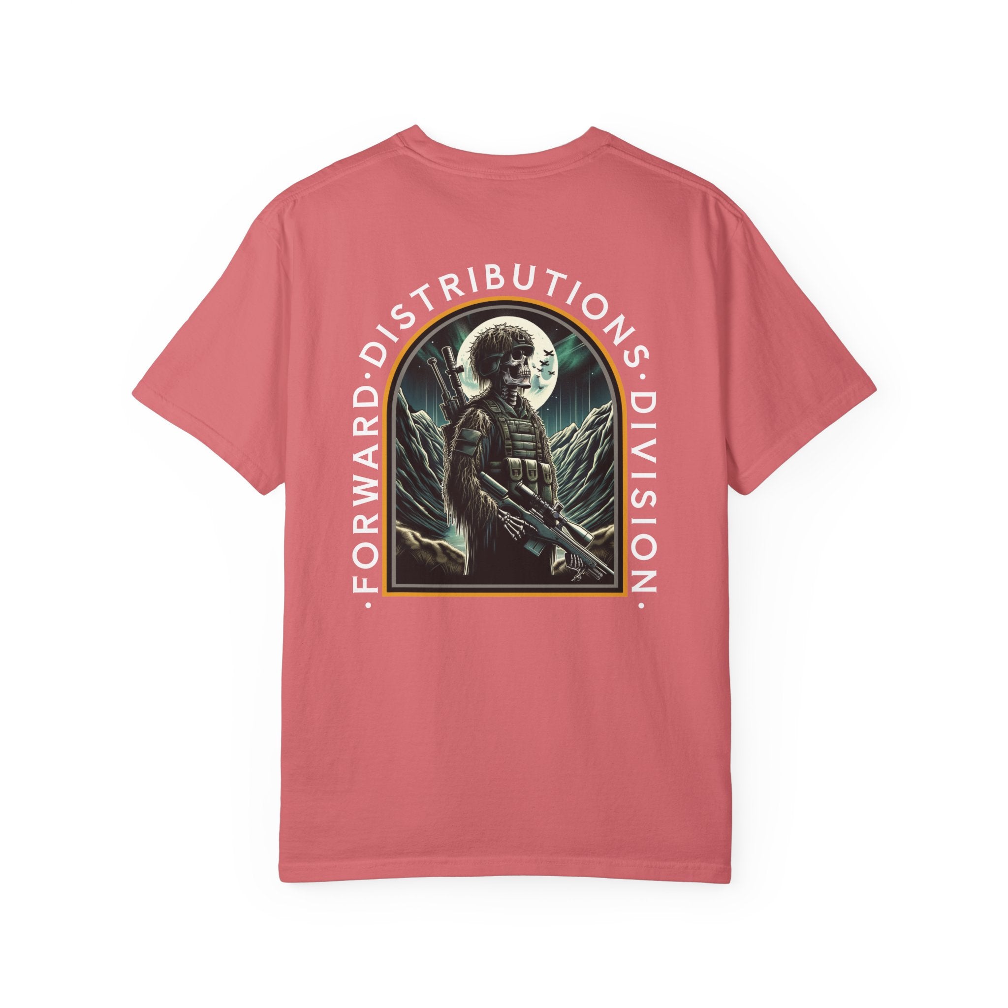Watermelon heavyweight cotton T-shirt with graphic of soldier holding rifle under full moon and text Forward Distributions Division.
