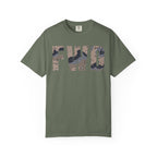 Moss heavyweight cotton t-shirt with FWD text in blueberry chip camouflage print, relaxed fit and rib collar.