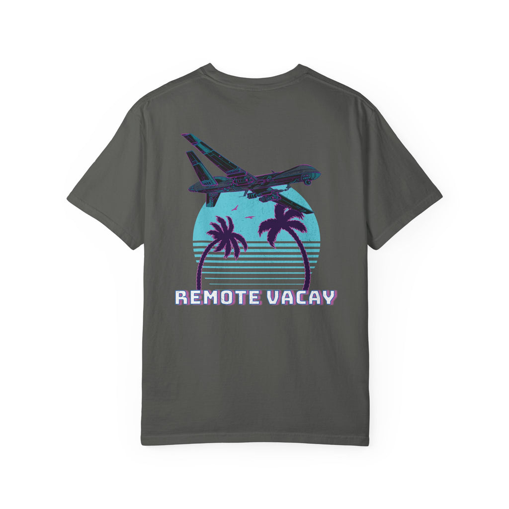 Pepper heavyweight cotton t-shirt with retro airplane, palm trees, and "Remote Vacay" text graphic on back.