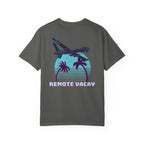 Pepper heavyweight cotton t-shirt with retro airplane, palm trees, and "Remote Vacay" text graphic on back.