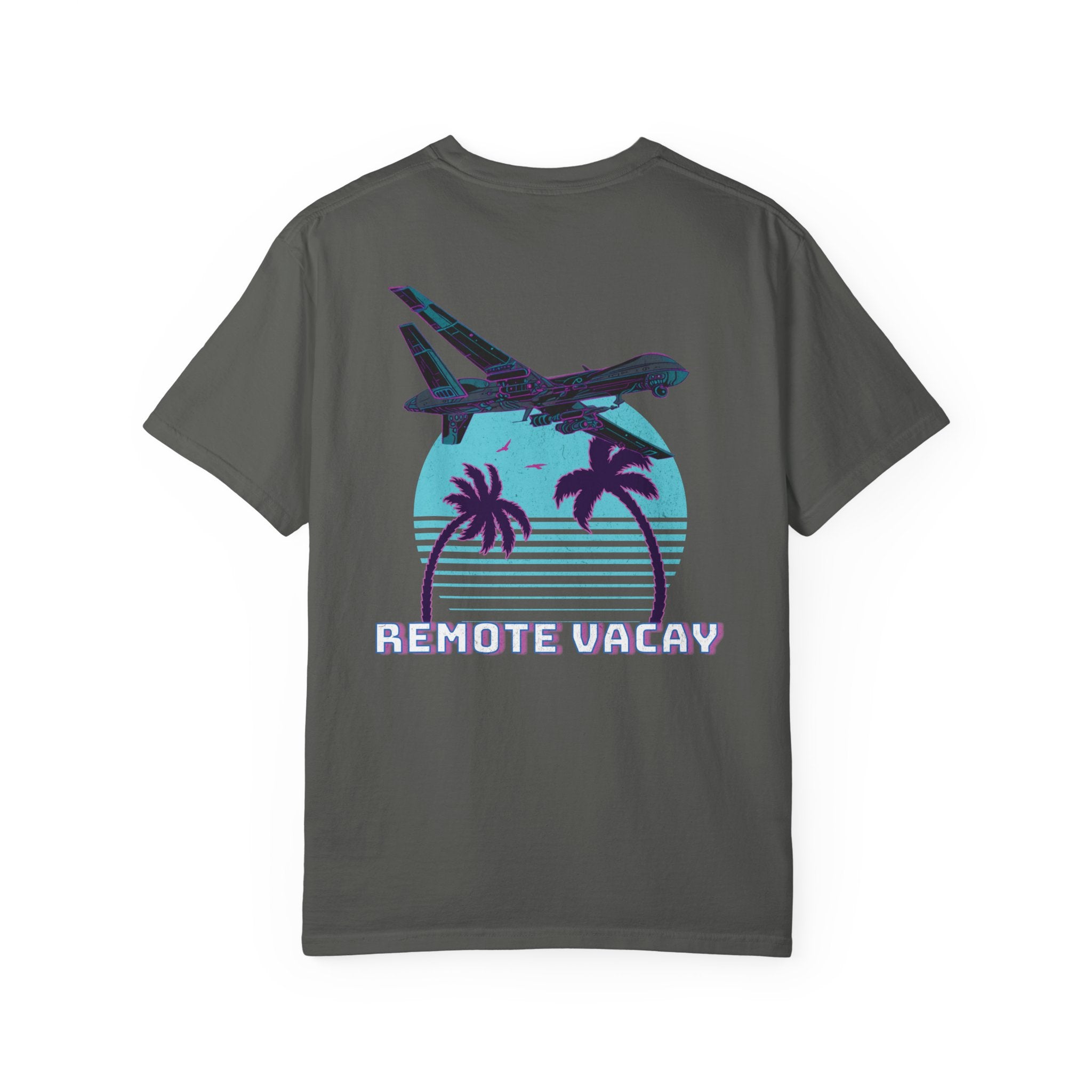 Pepper heavyweight cotton t-shirt with retro airplane, palm trees, and "Remote Vacay" text graphic on back.