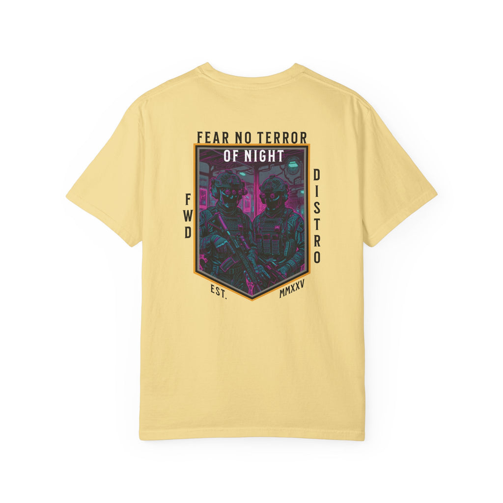 Butter t-shirt with a neon-colored graphic featuring a framed image of two soldiers in tactical gear with rifles and night vision goggles, with text "FEAR NO TERROR OF NIGHT" at the top of the design, giving the art a futuristic, synthwave aesthetic.