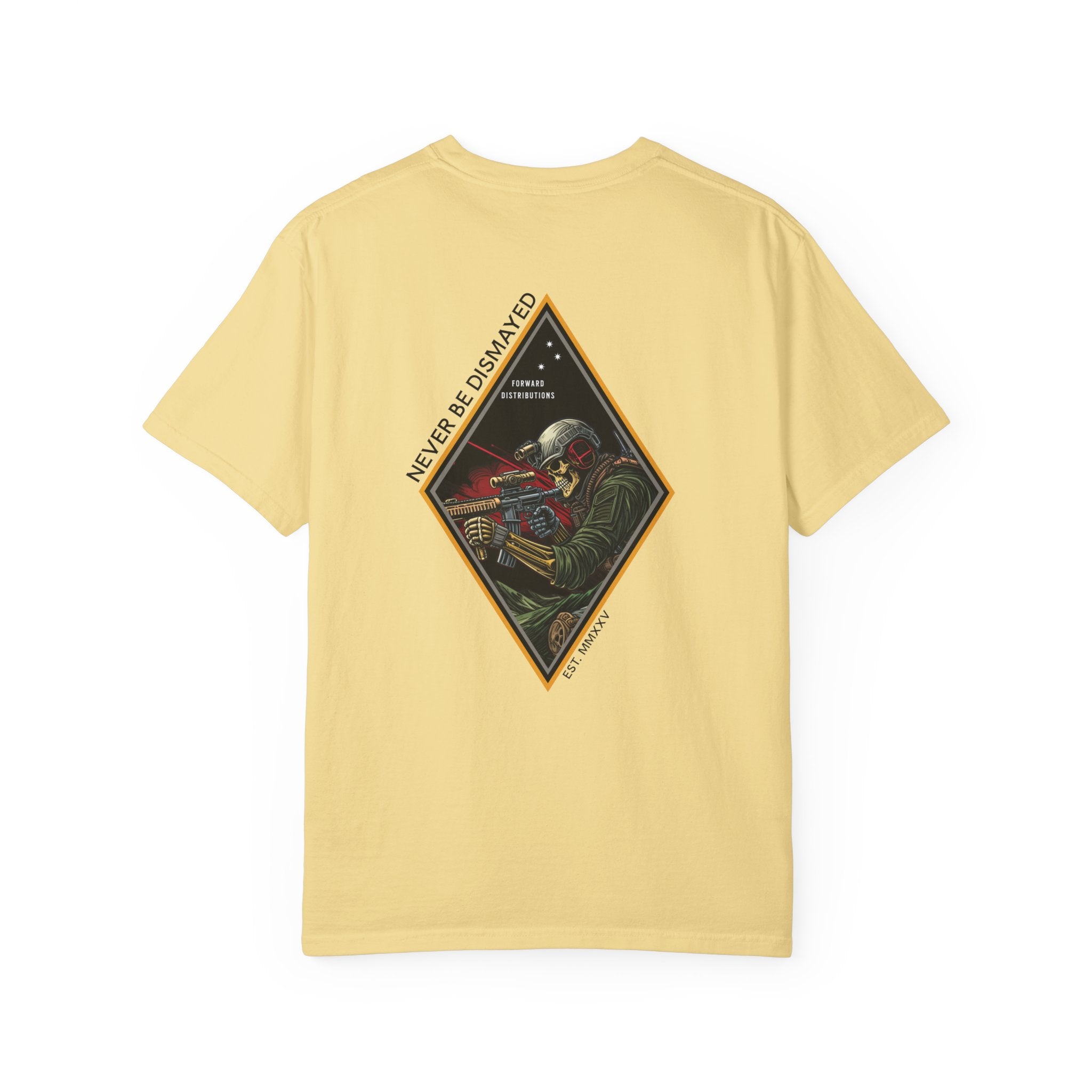 Butter t-shirt with a diamond graphic with a skull soilder with the text Never Be Dismayed