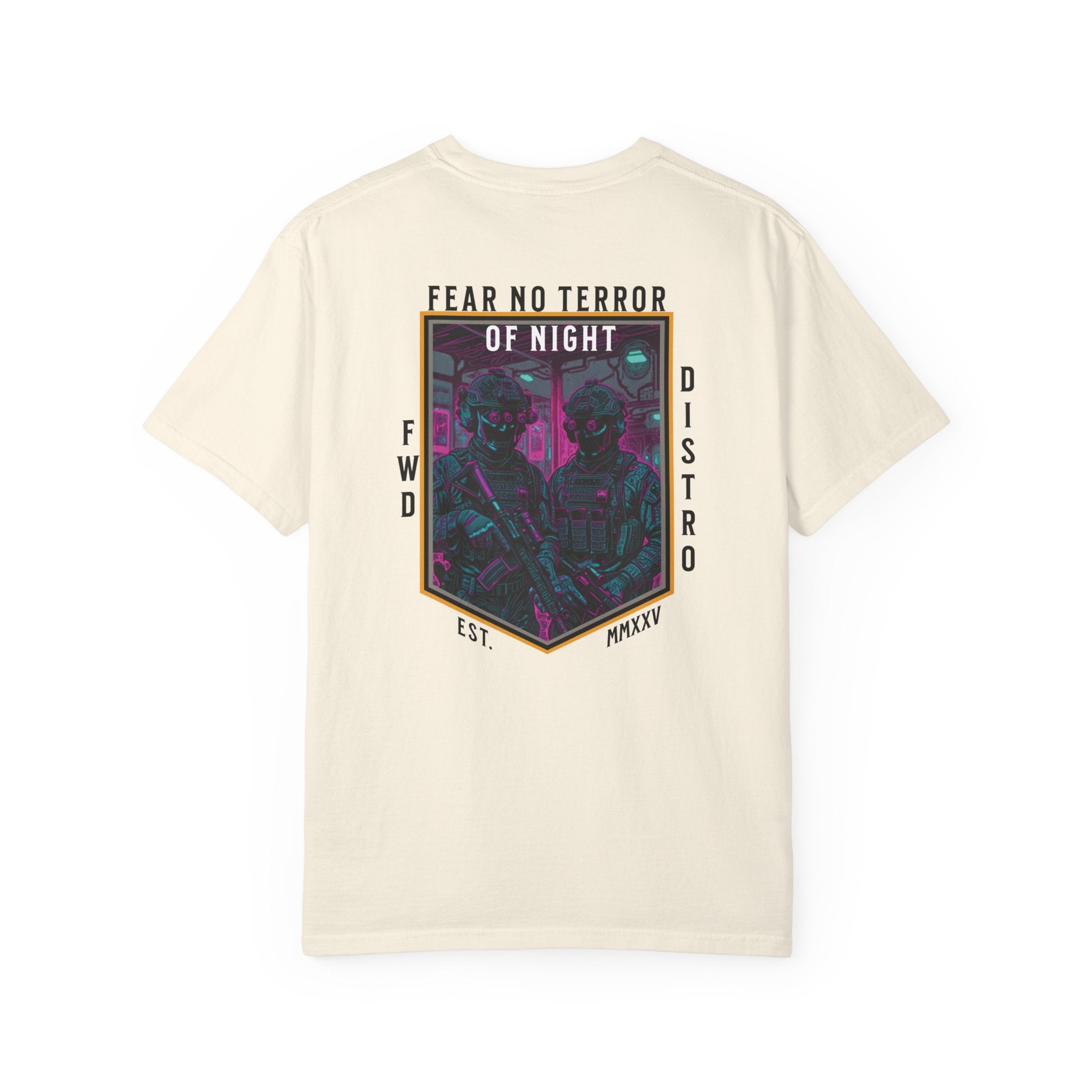Ivory t-shirt with a neon-colored graphic featuring a framed image of two soldiers in tactical gear with rifles and night vision goggles, with text "FEAR NO TERROR OF NIGHT" at the top of the design, giving the art a futuristic, synthwave aesthetic.