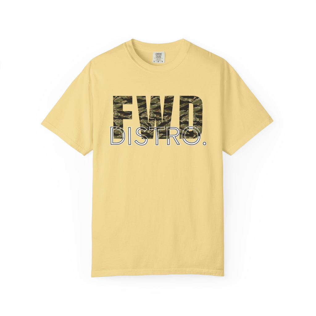 Butter heavyweight cotton t-shirt with "FWD DISTRO" tiger stripe graphic and relaxed fit, durable double-needle stitching.